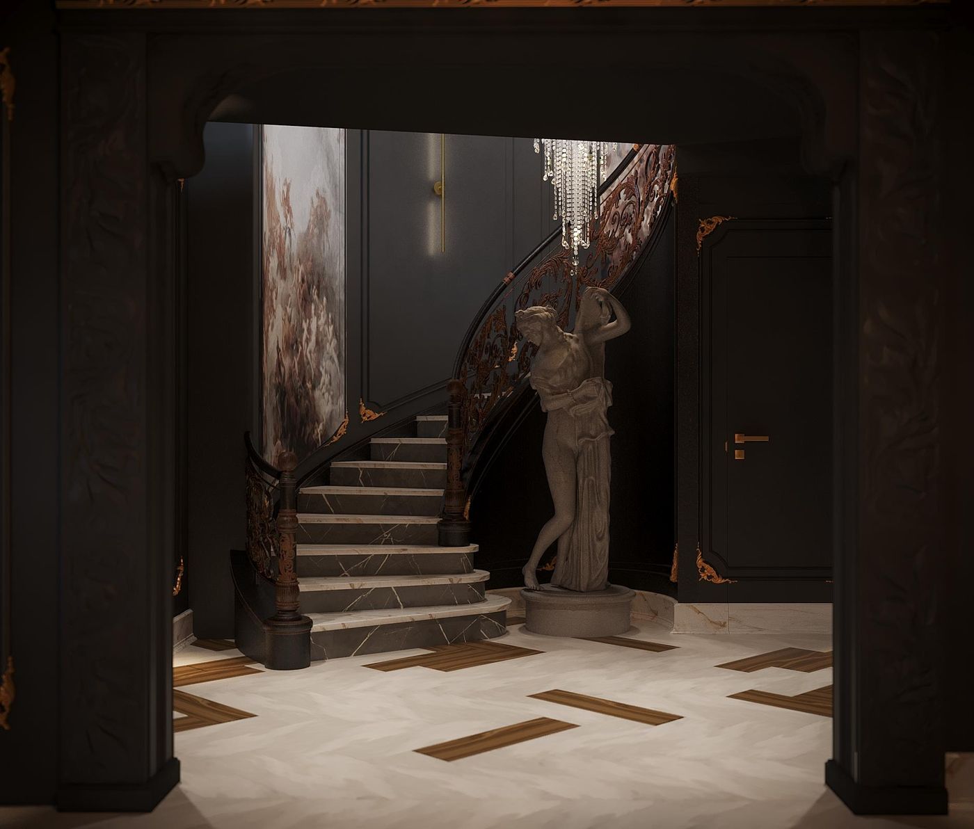 Katameya Dunes: The stair hall through the carved archway