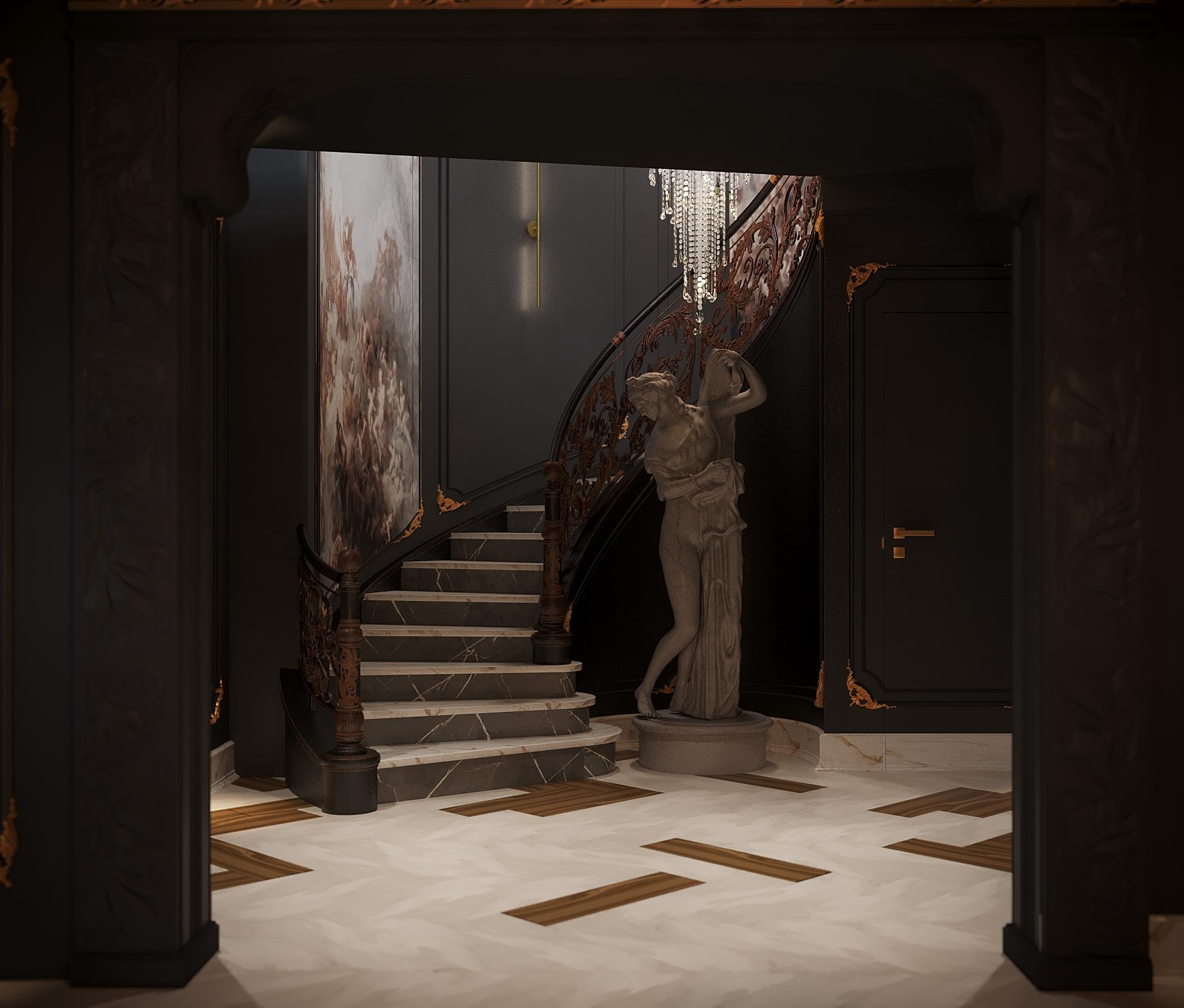 Katameya Dunes: The stair hall through the carved archway