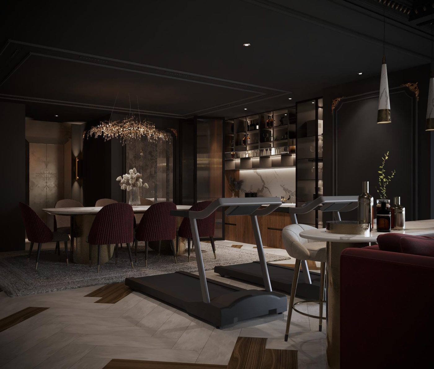 Katameya Dunes: Dining and the bar, with a training corner in the living area