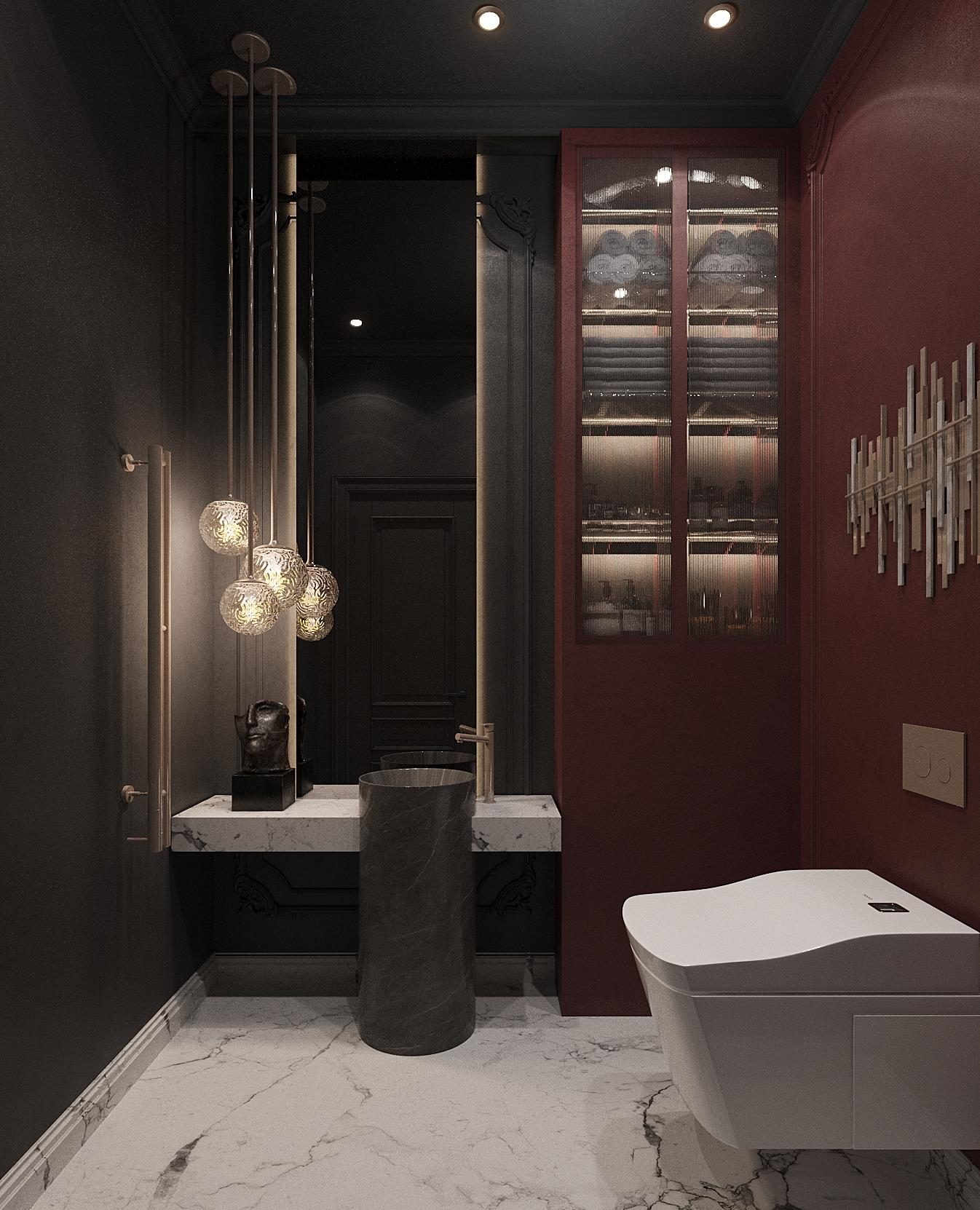 Katameya Dunes: Guest WC in burgundy and black, with a marble pedestal basin