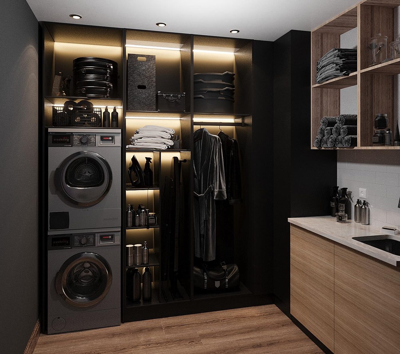 Katameya Dunes: Laundry room with stacked machines and lit open storage