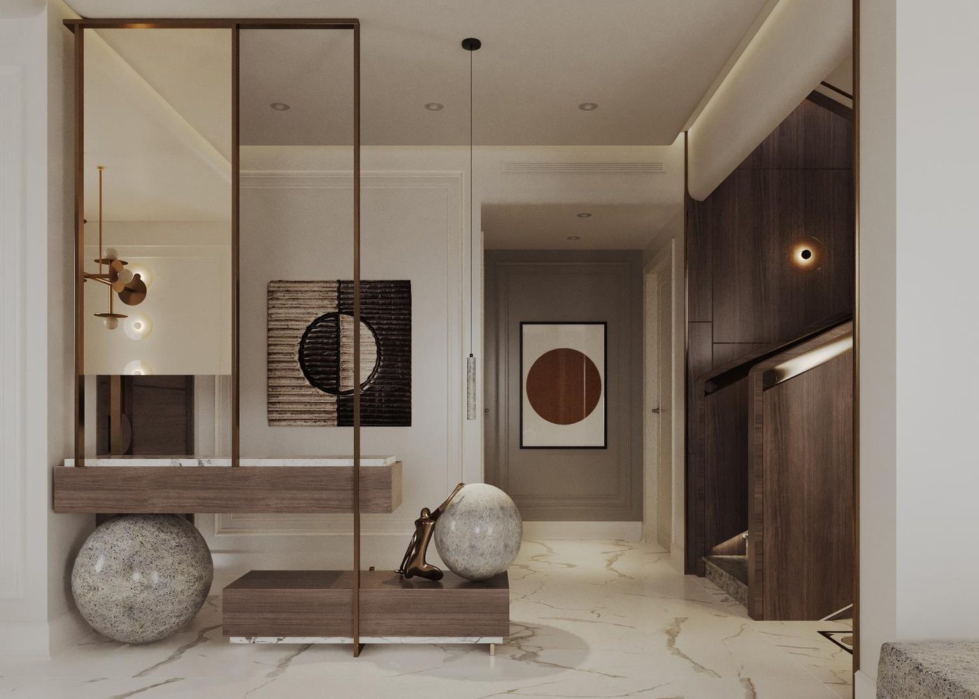 Festival Living: The entrance, seen through a bronze-framed screen