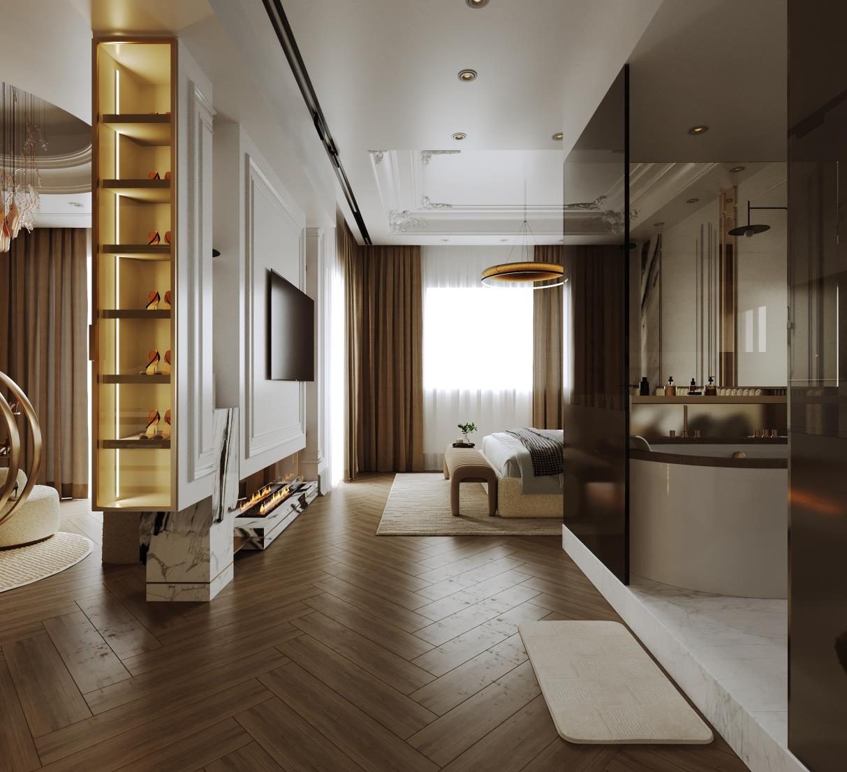 Festival Living: The master suite end to end, with the bathroom behind glass
