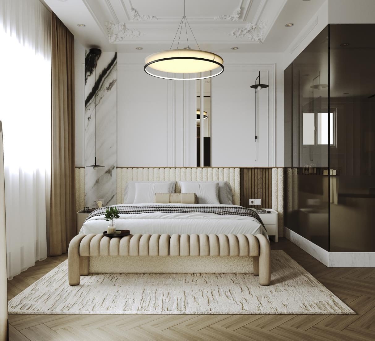 Festival Living: The master bed against fluted upholstery and marble