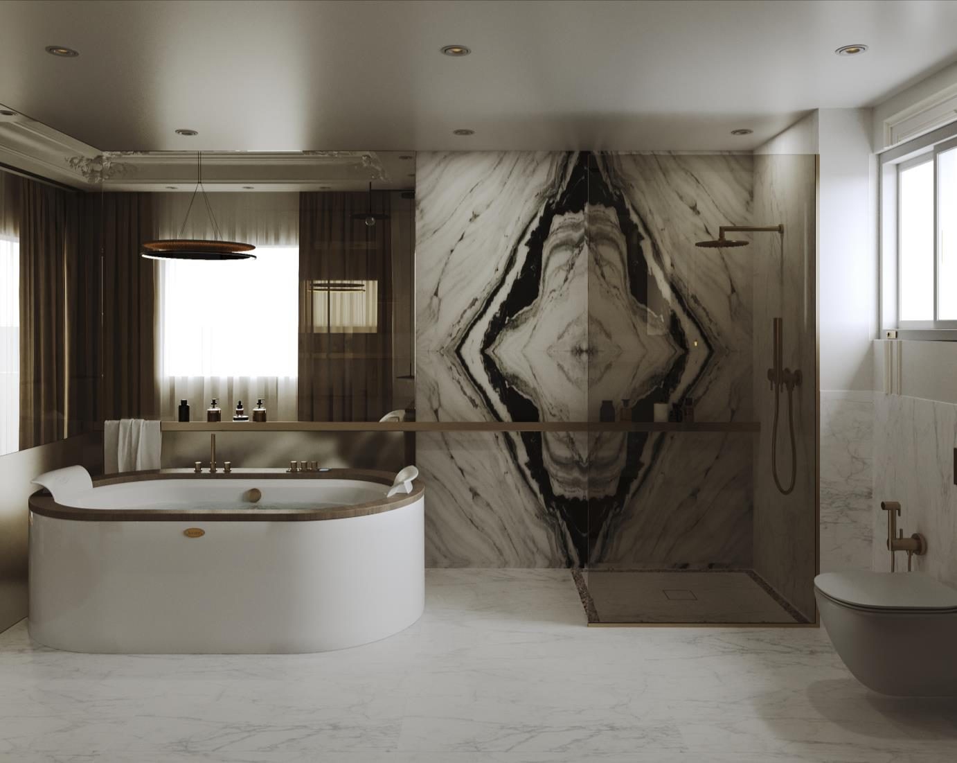 Festival Living: The master bathroom: a freestanding tub and book-matched marble