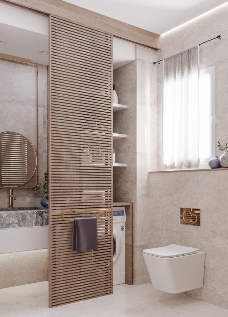 Festival Living: Bathroom one, behind a slatted timber screen
