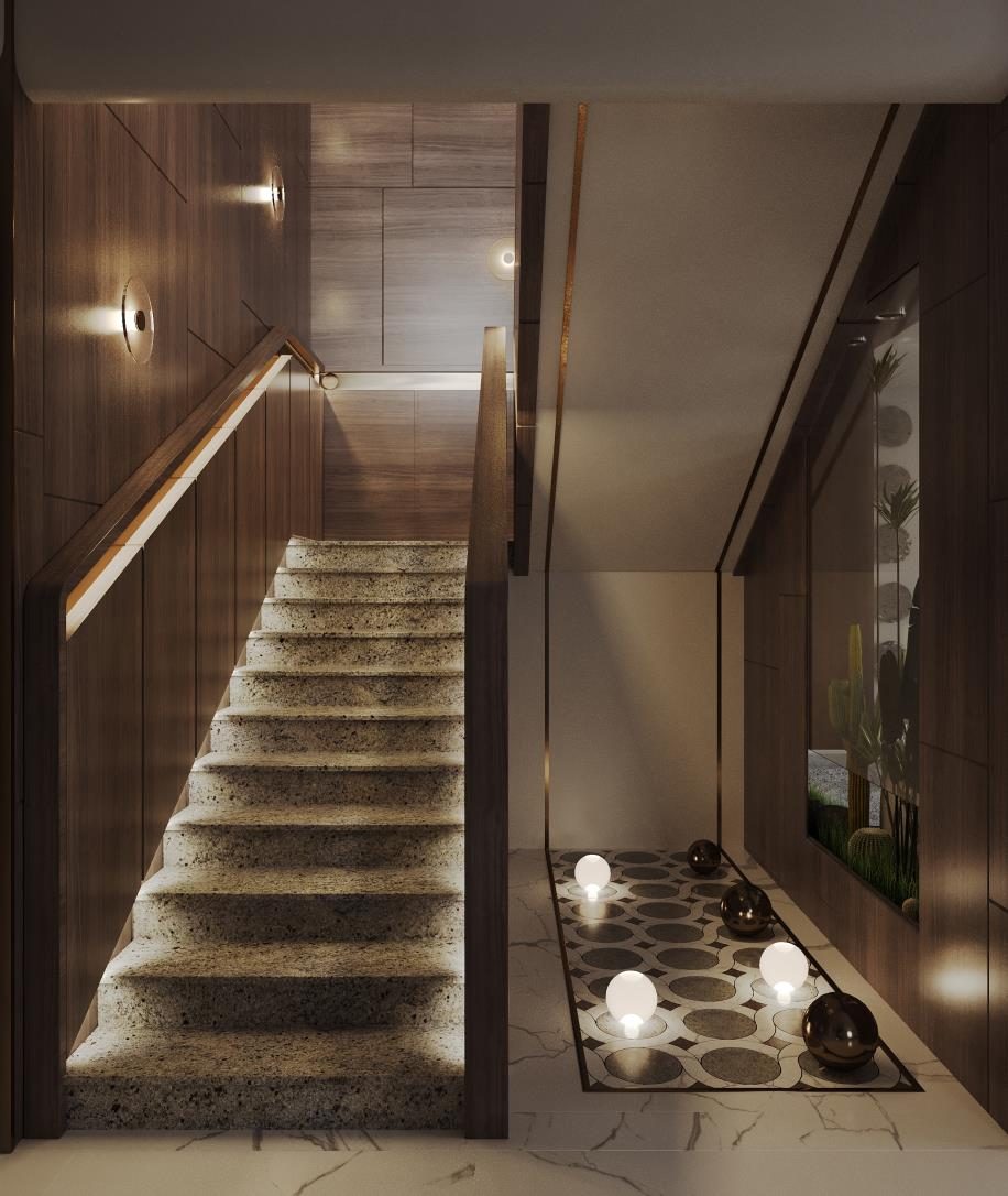 Festival Living: The stair, lit along each tread, beside a pebble bed