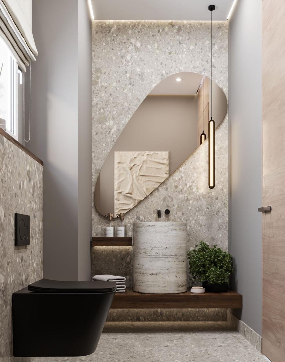 Festival Living: Bathroom two in terrazzo, with an oval mirror