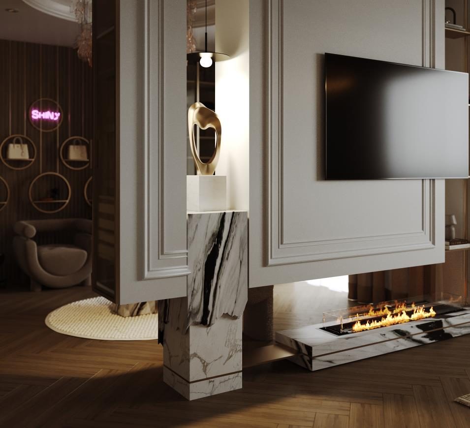 Festival Living: The TV wall, with a fireplace set into its base, divides the bedroom from the dressing room