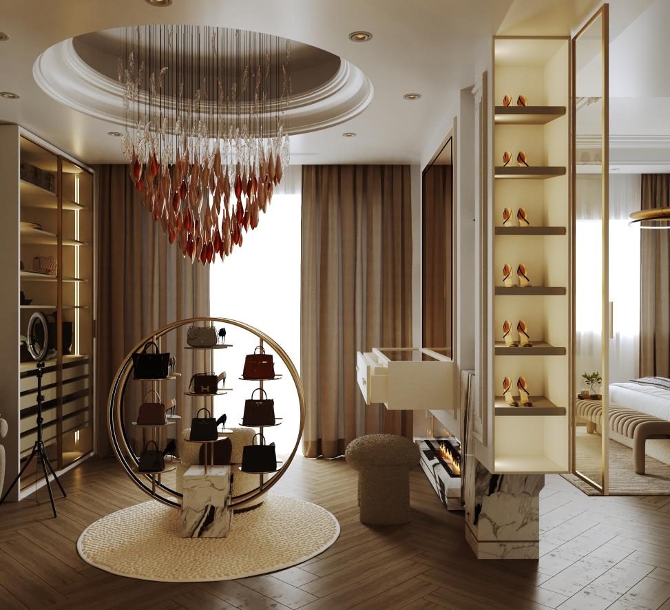 Festival Living: The dressing room, with a round display stand under the sculpted pendant