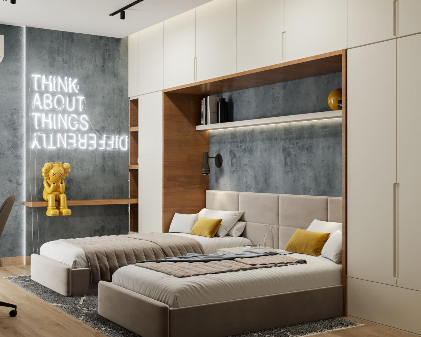 Festival Living: Bedroom one: twin beds set into a built-in wall unit
