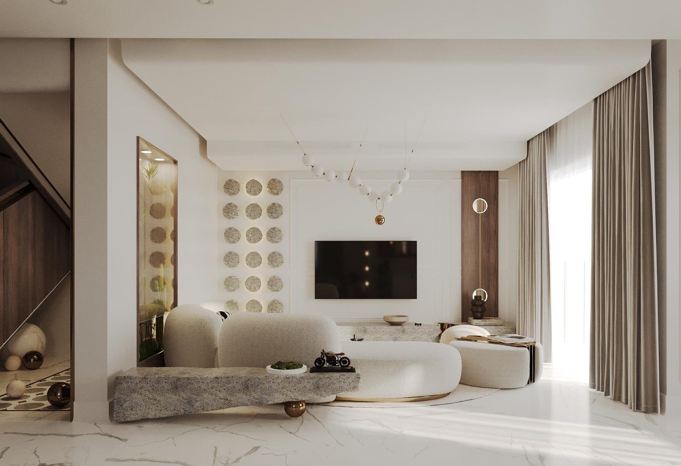 Festival Living: The living room and its wall of carved discs