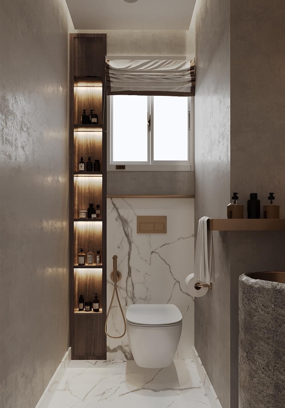 Festival Living: The guest bathroom, with a lit niche running floor to ceiling