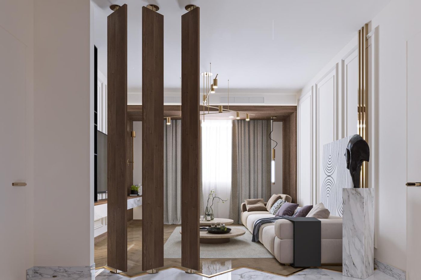 Festival Living: Looking past walnut fins into the family living room