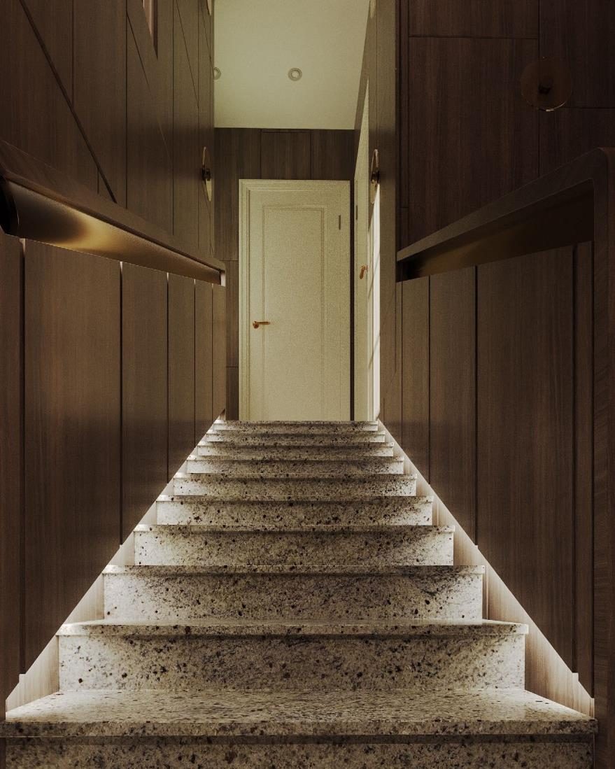 Festival Living: The stair up, wrapped in walnut