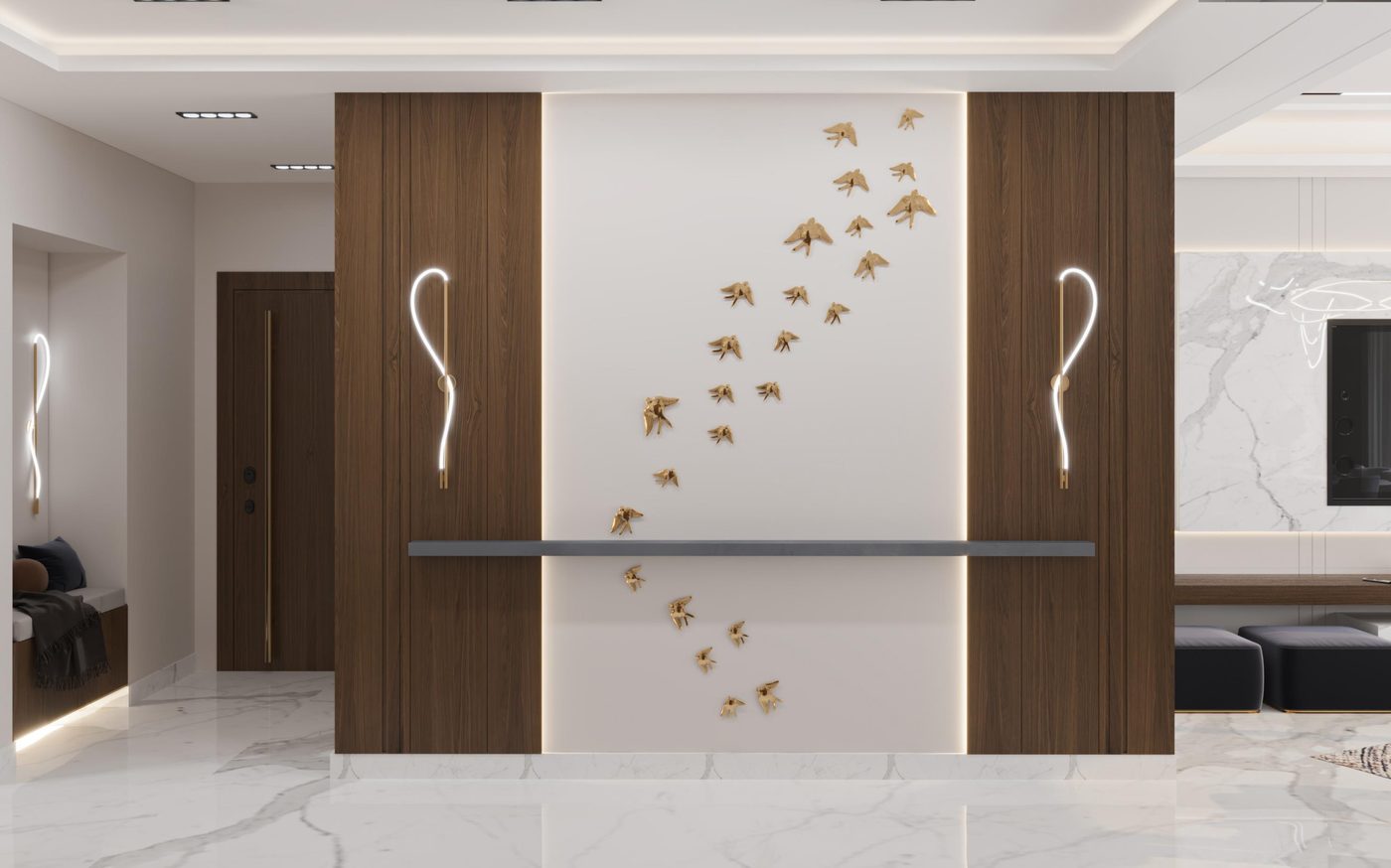 Lake View Residence: The lobby wall: walnut panels, brass birds and two lit sconces