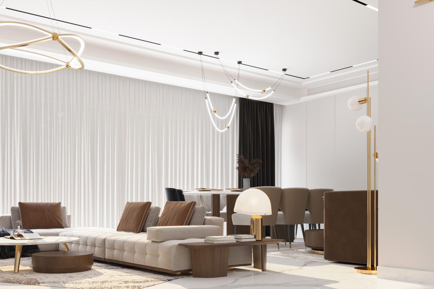Lake View Residence: The living room along the curtain wall