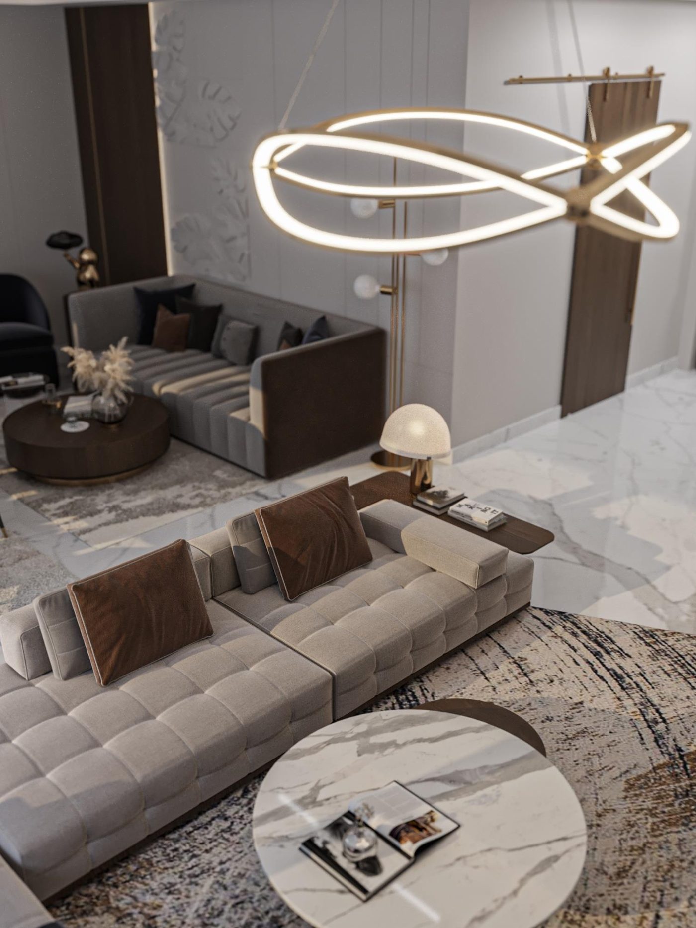Lake View Residence: The salon from above, under the ribbon pendant