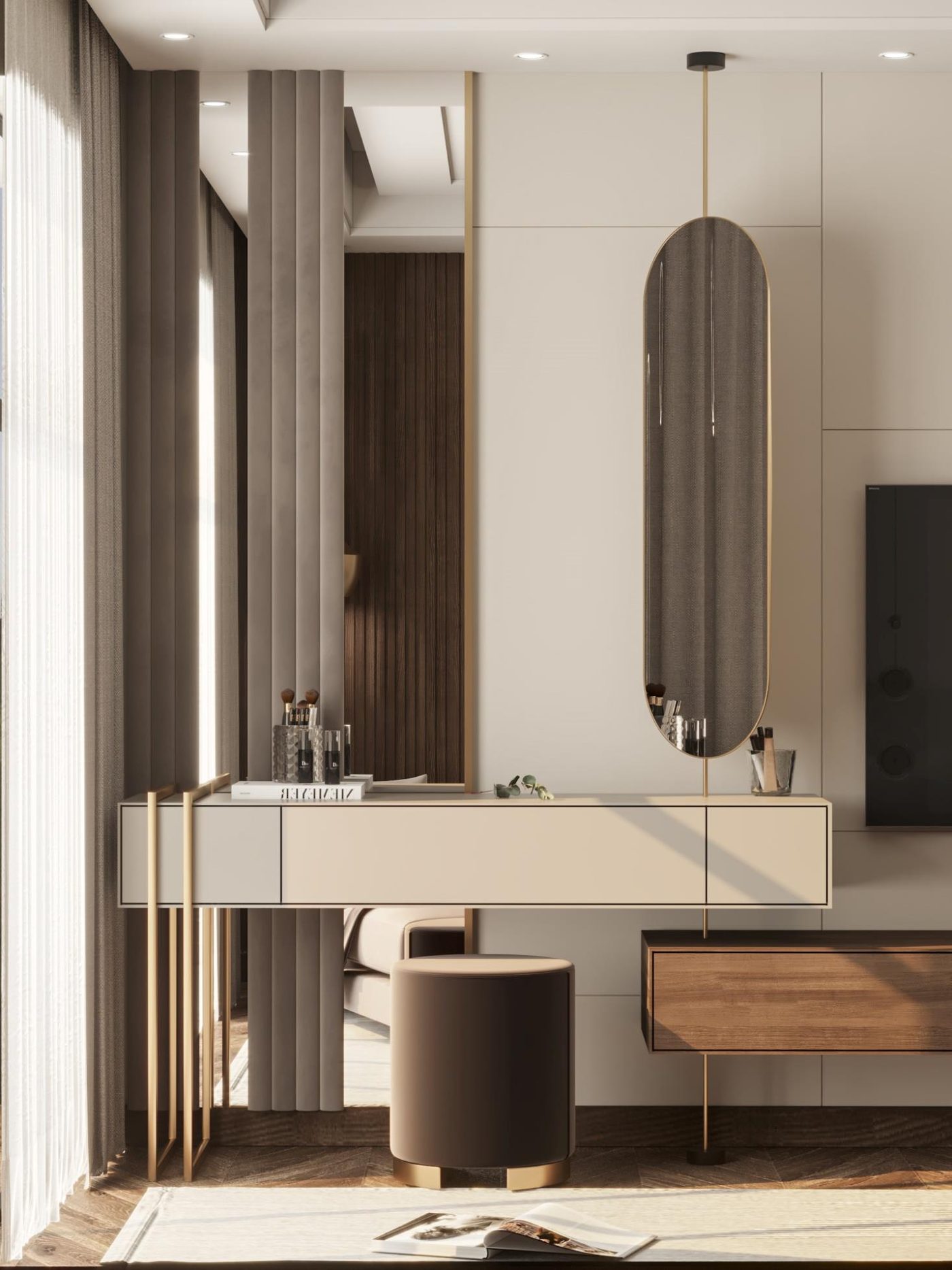 Lake View Residence: The vanity, with its mirror hung from a brass rod