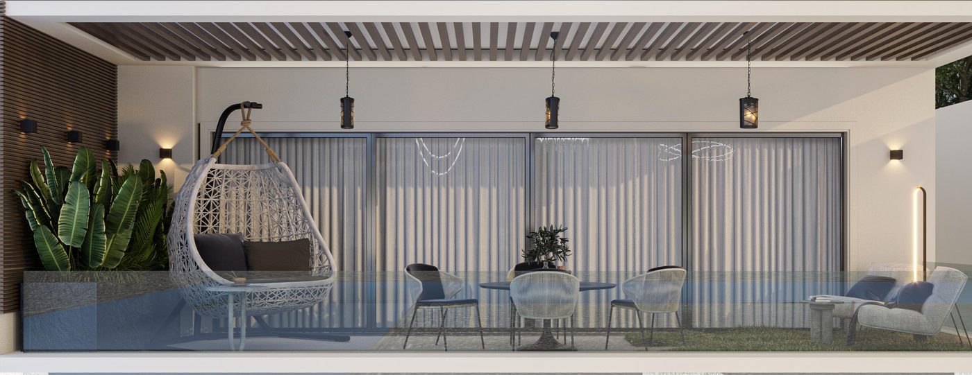 Lake View Residence: The terrace: a hanging chair and a table under the slatted pergola