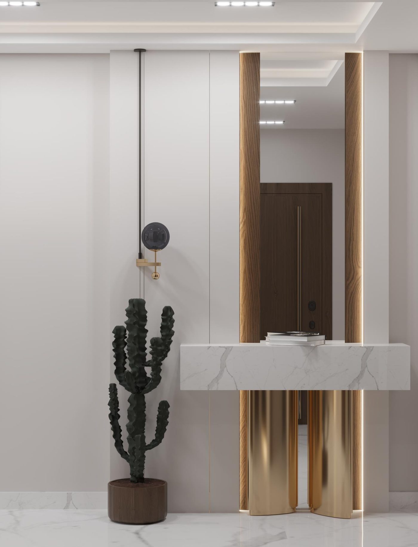 Lake View Residence: The entry console on a fluted brass base