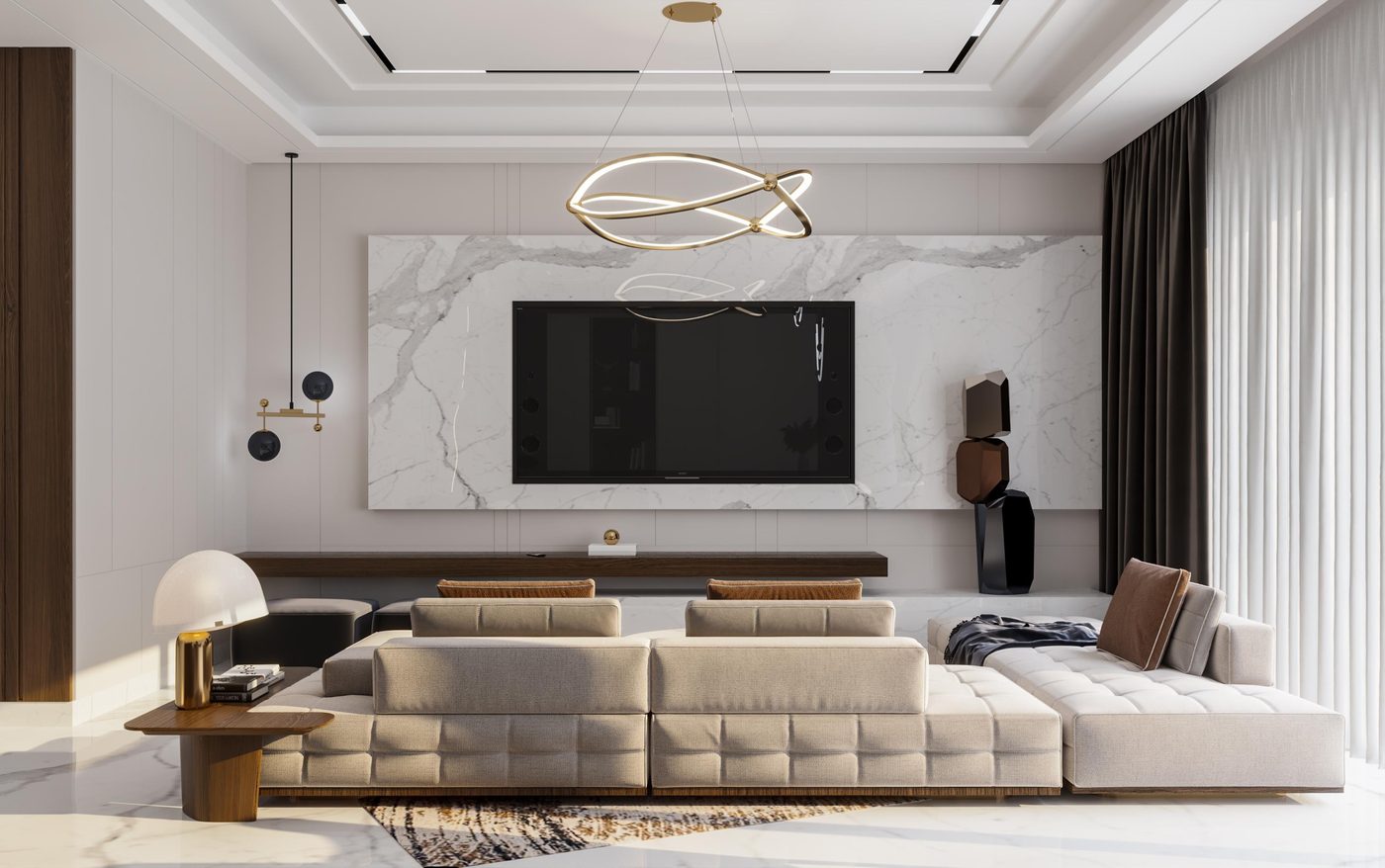 Lake View Residence: The TV wall in white marble