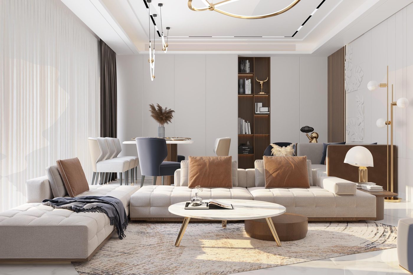 Lake View Residence: The living room, looking through to dining