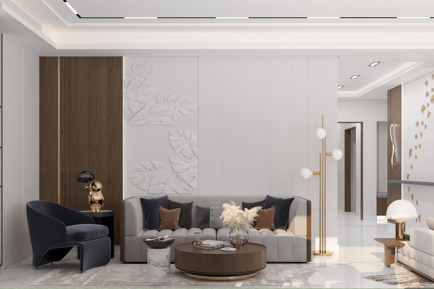 Lake View Residence: The salon, against a sculpted plaster wall