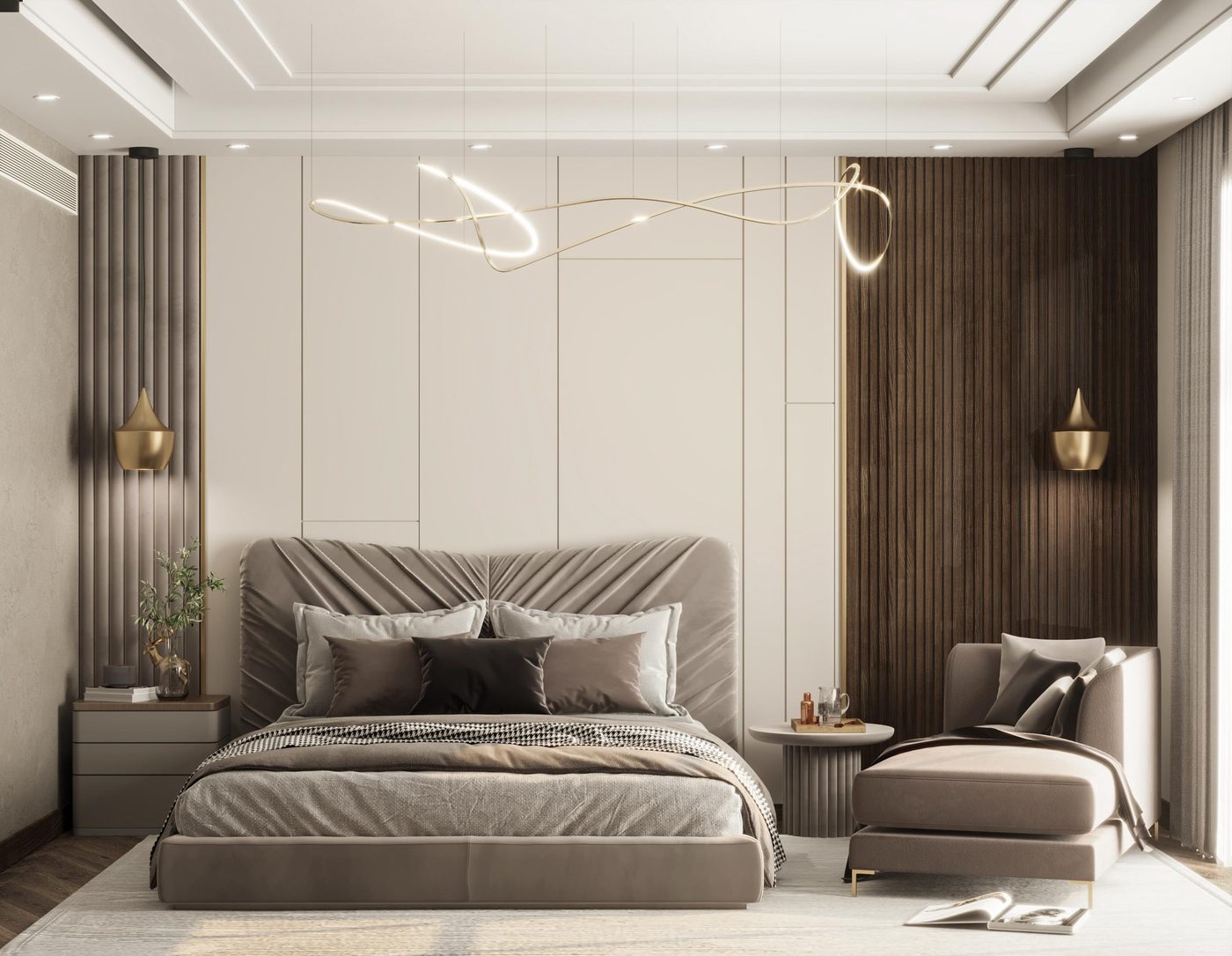 Lake View Residence: The master bed, framed by walnut slats