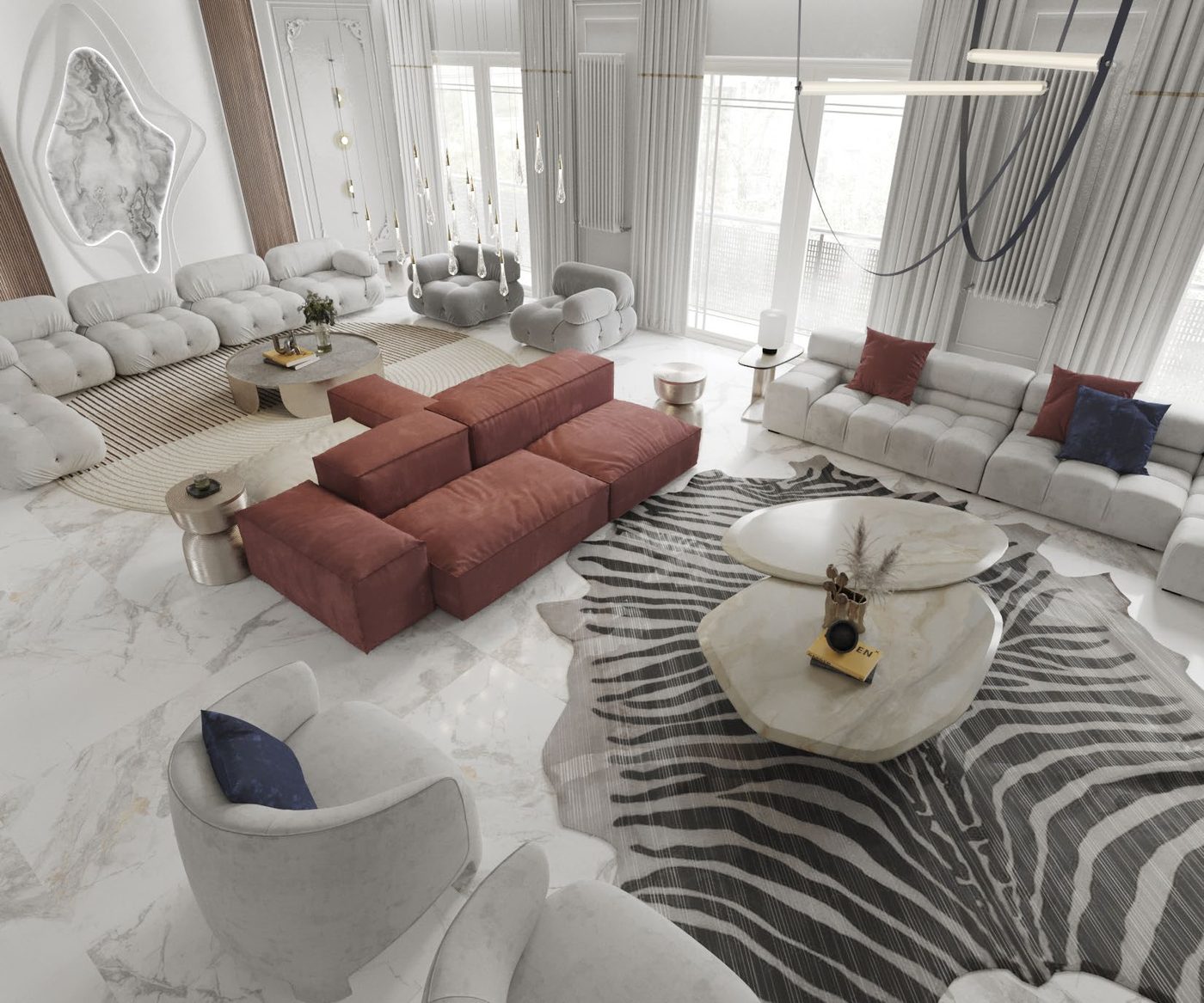 Katameya Heights: Reception: two seating groups on a zebra-hide rug