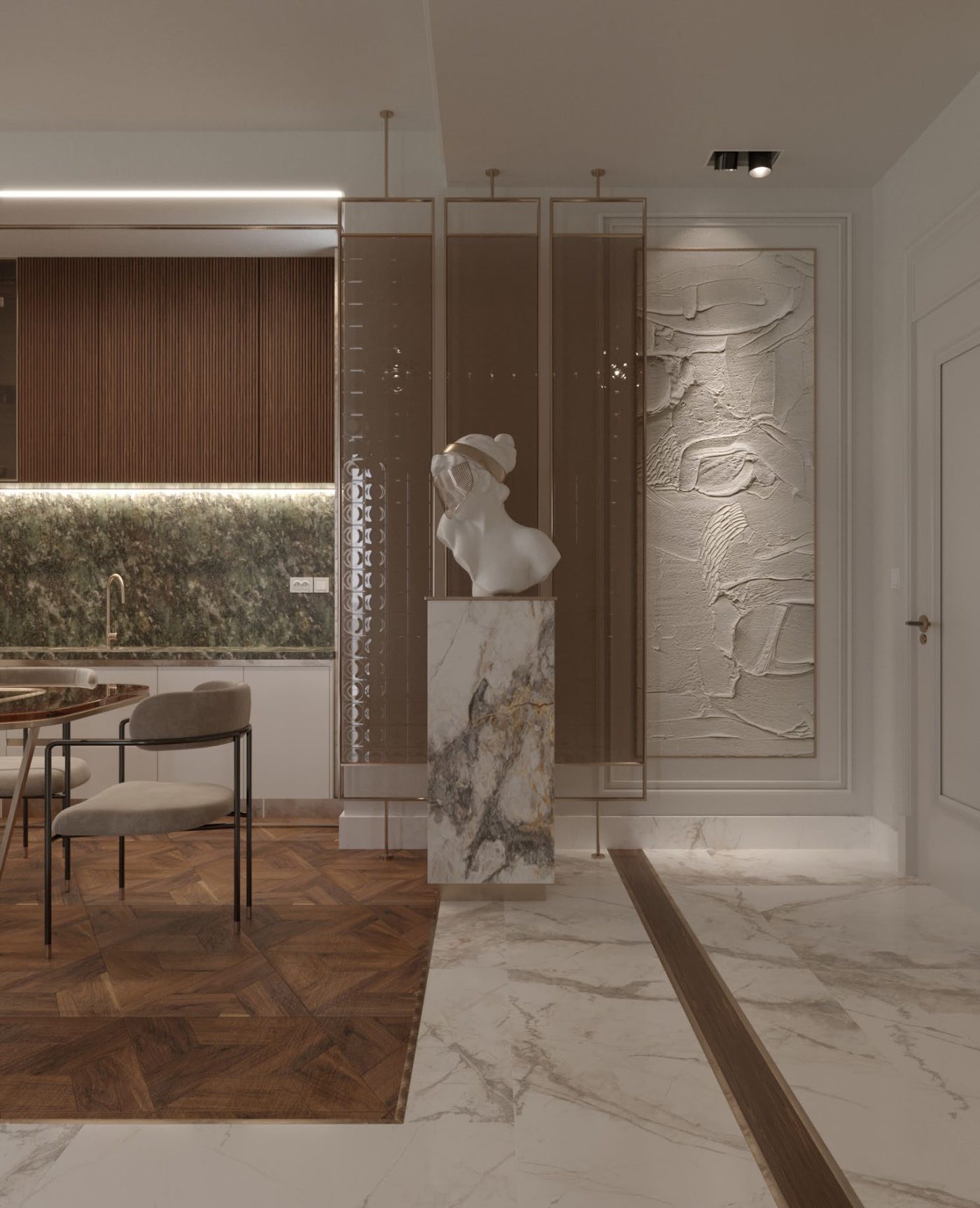 Katameya Heights: A bronze glass screen between the dining table and the kitchenette