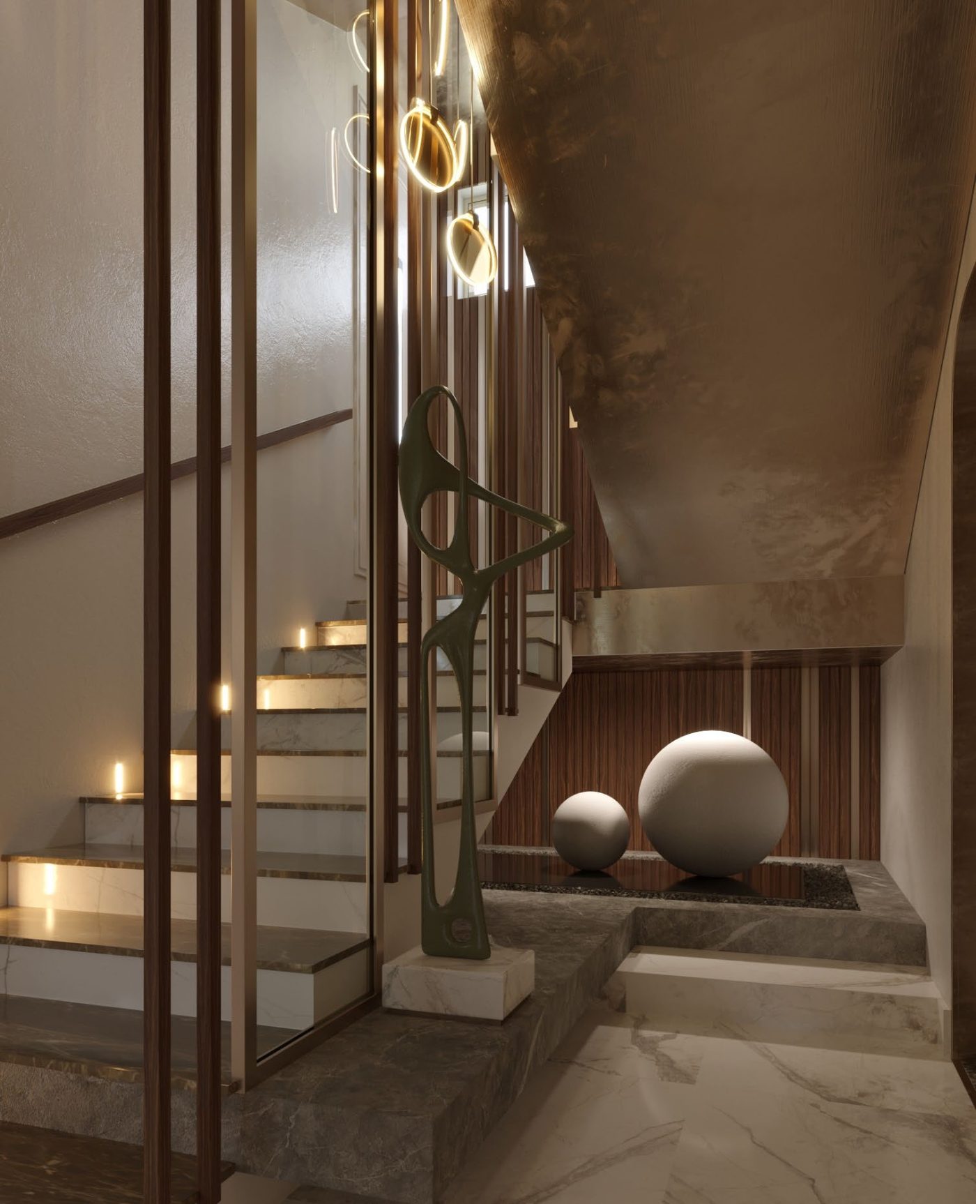 Katameya Heights: The stair down, with lit treads and a pebble bed