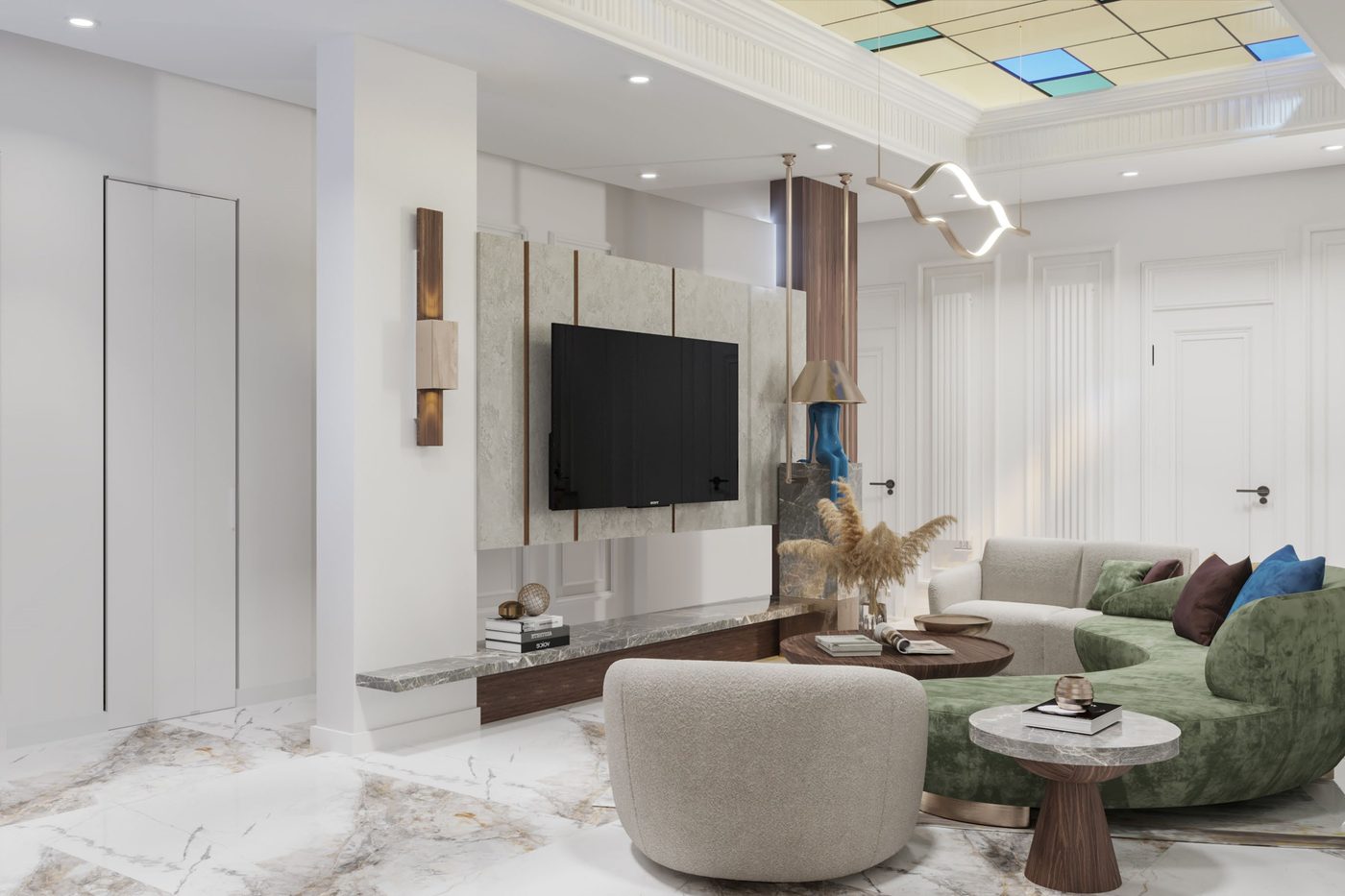 Katameya Heights: The TV wall in stone and walnut