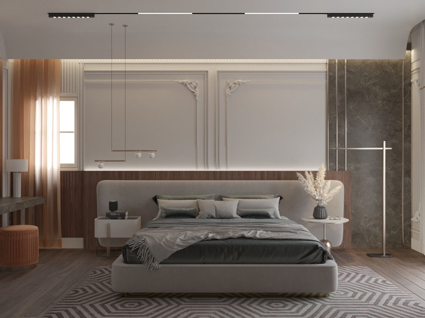 Katameya Heights: The master bed against walnut and moulded panels