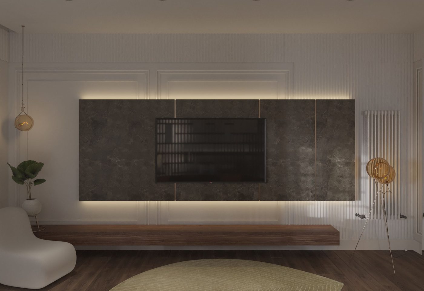Katameya Heights: The master bedroom's TV wall, lit from behind