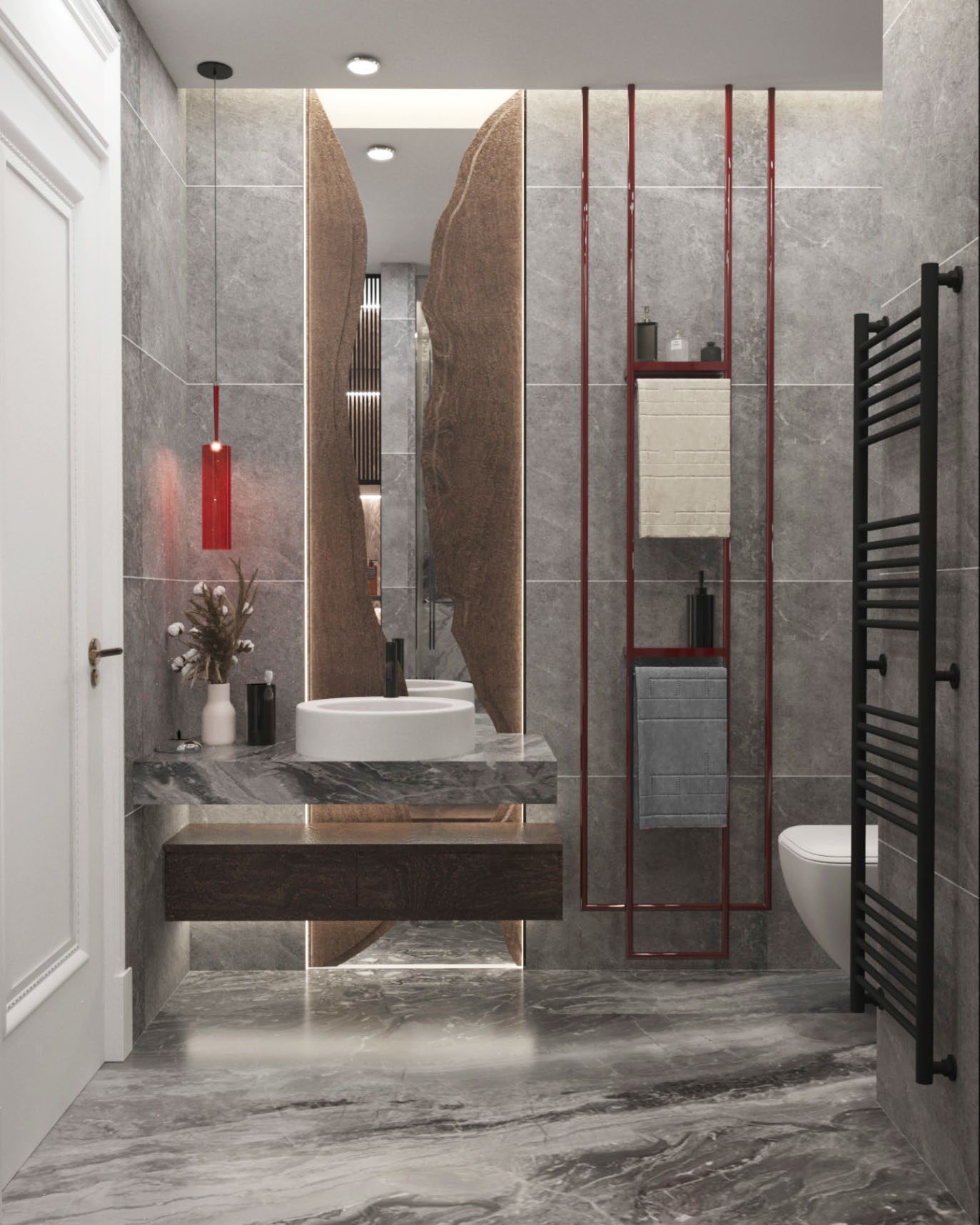 Katameya Heights: His bathroom, with a red towel ladder and a stone-edged mirror
