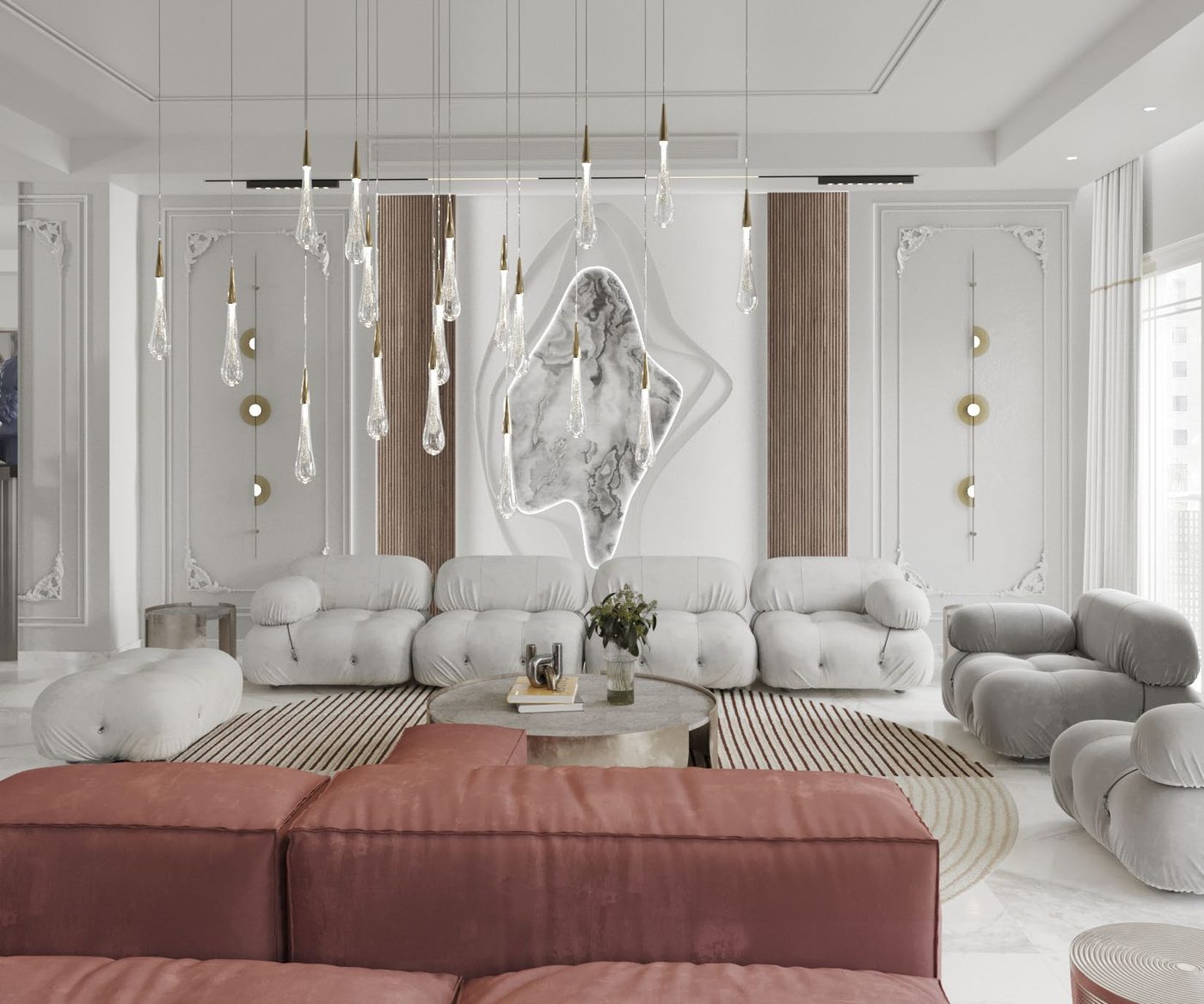 Katameya Heights: The reception wall: carved stone panel, glass pendants and terracotta seating
