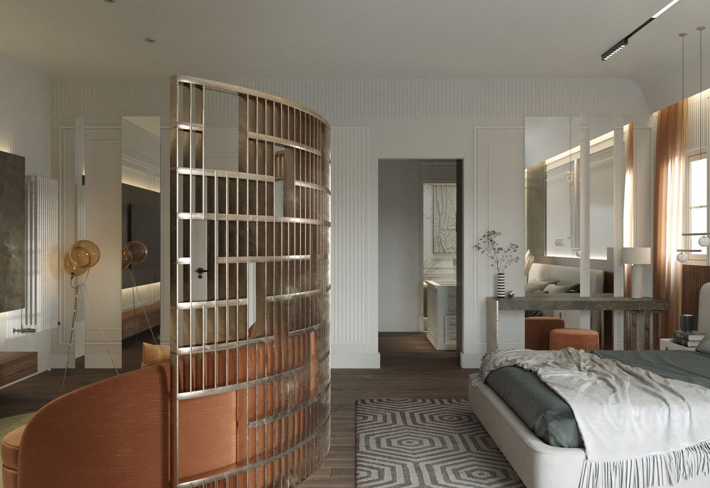 Katameya Heights: Master bedroom, with a curved brass screen at the dressing area
