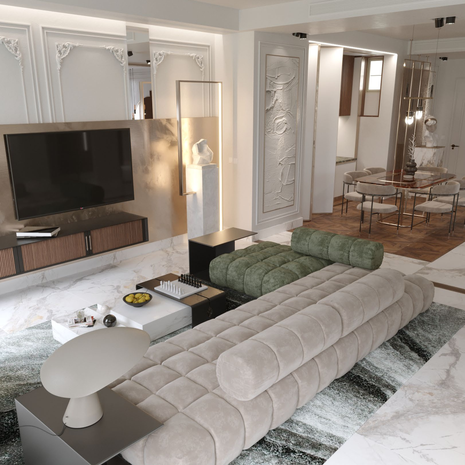 Katameya Heights: The lower-floor living room, open to the dining area