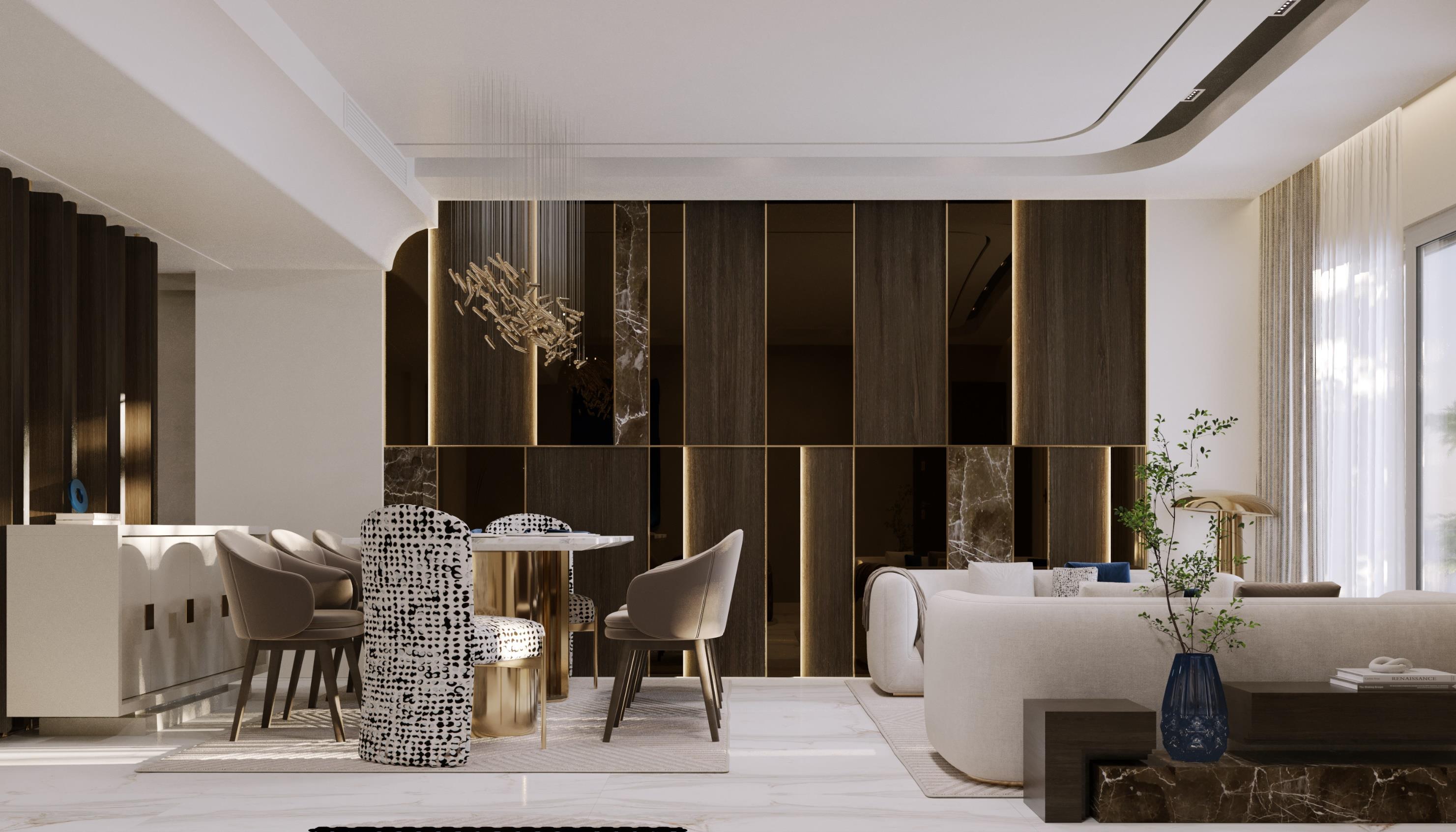 Mountain View: Reception, with the walnut and bronze screen wall