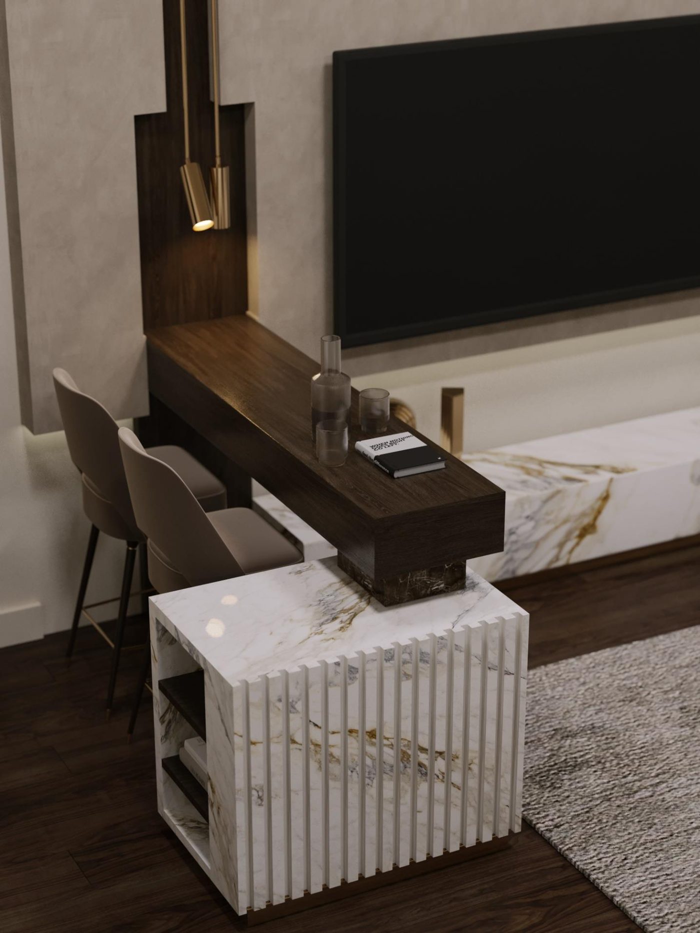 Mountain View: The breakfast bar: a walnut counter on a fluted marble base