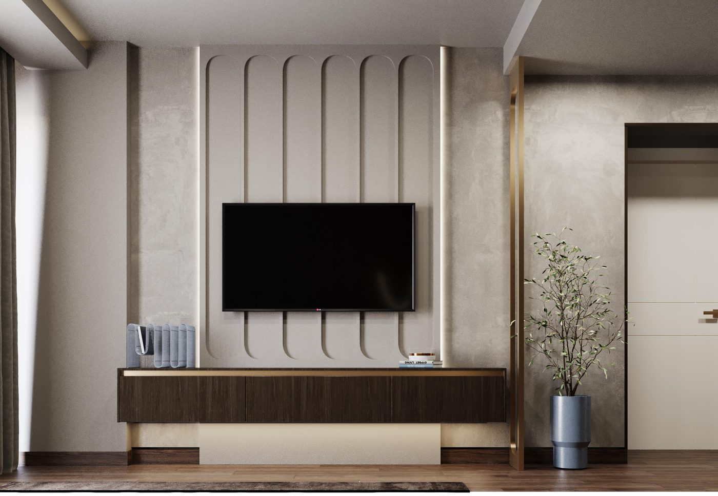Mountain View: Master bedroom, the media wall in fluted plaster above a walnut console