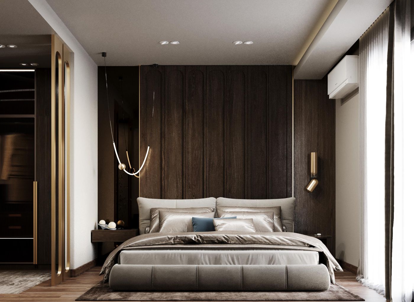 Mountain View: Master bedroom and the walnut headboard wall