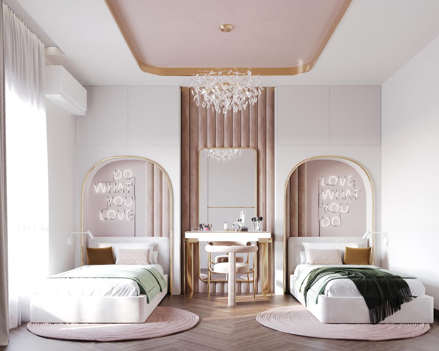 Mountain View: The girls’ bedroom: two beds and a shared dressing table