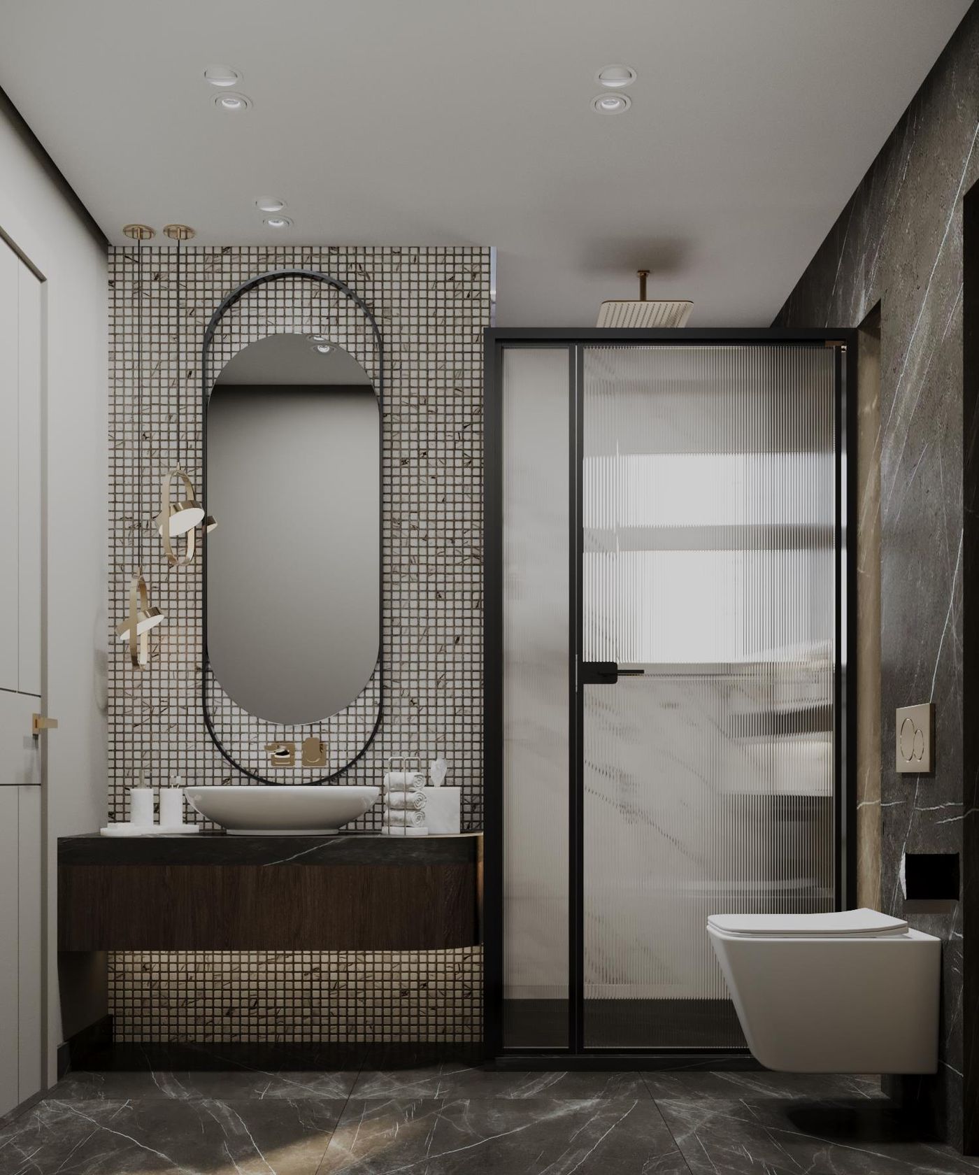 Mountain View: Master bathroom in dark stone and brass