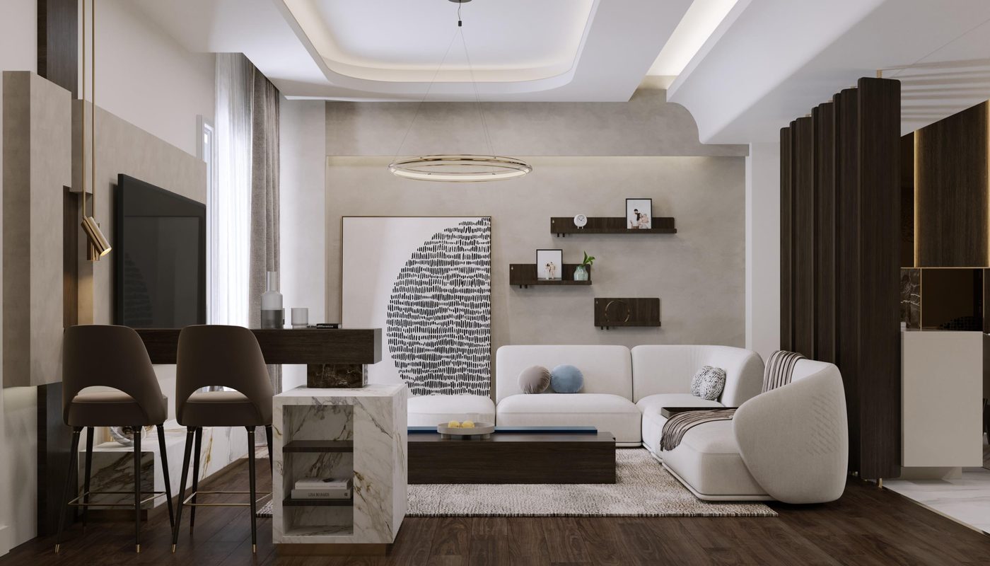 Mountain View: Living area, with the breakfast bar and the ring pendant
