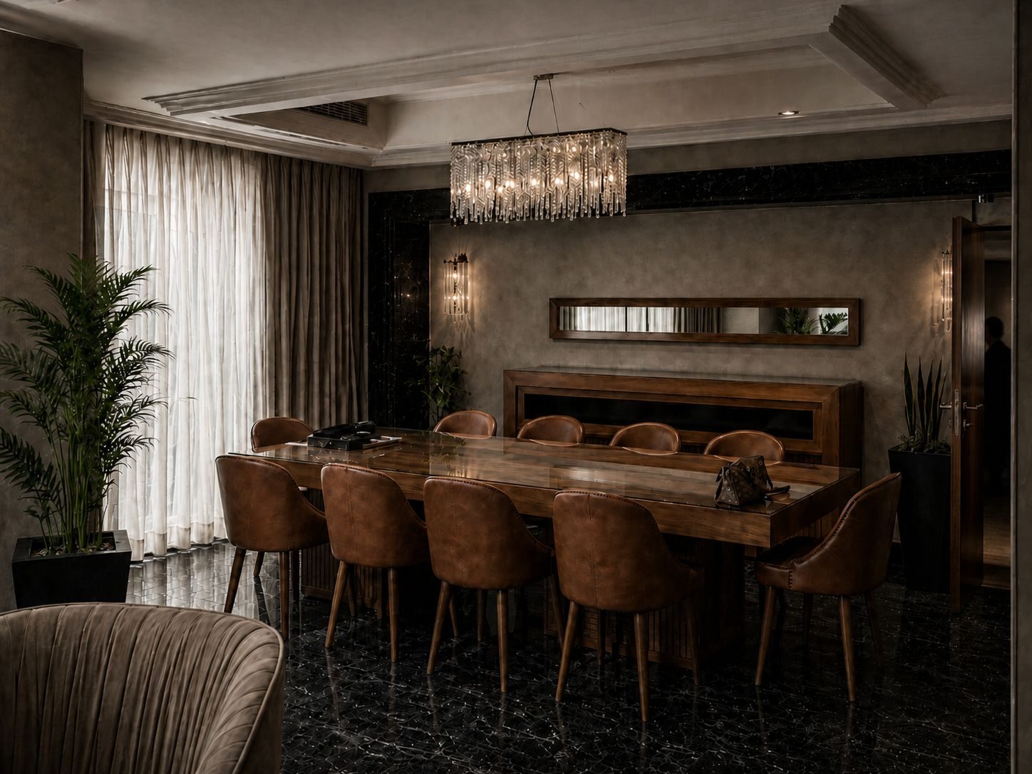 Dining room: Leather, walnut and a marble floor that holds the evening light.