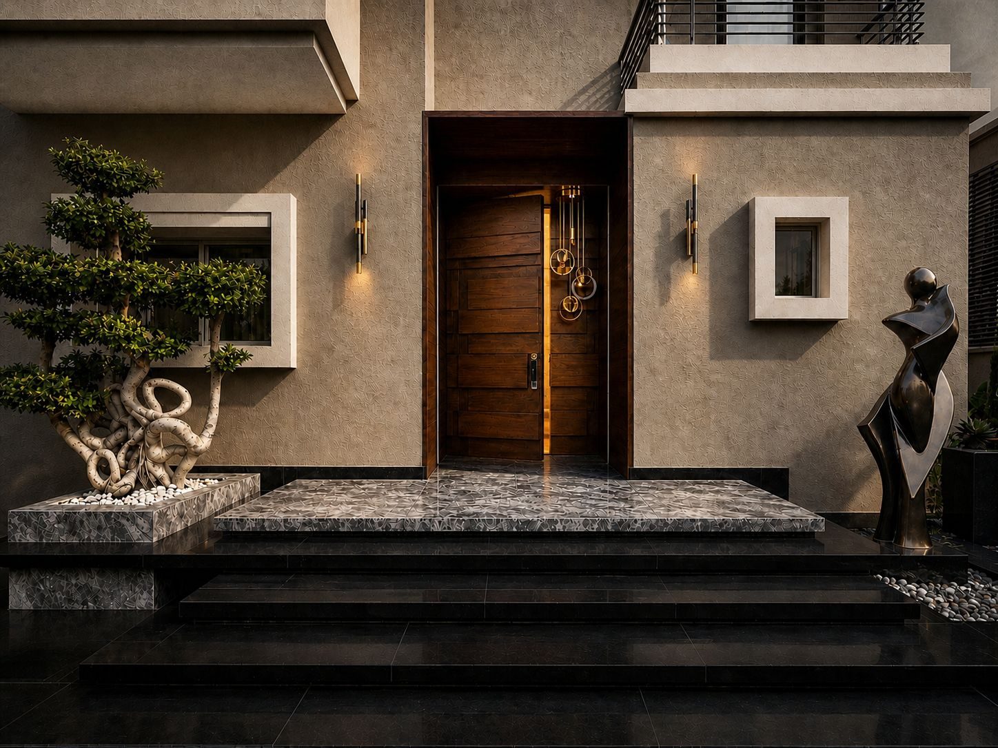 Front entrance: A timber door, a raised stone landing and light at hand height.