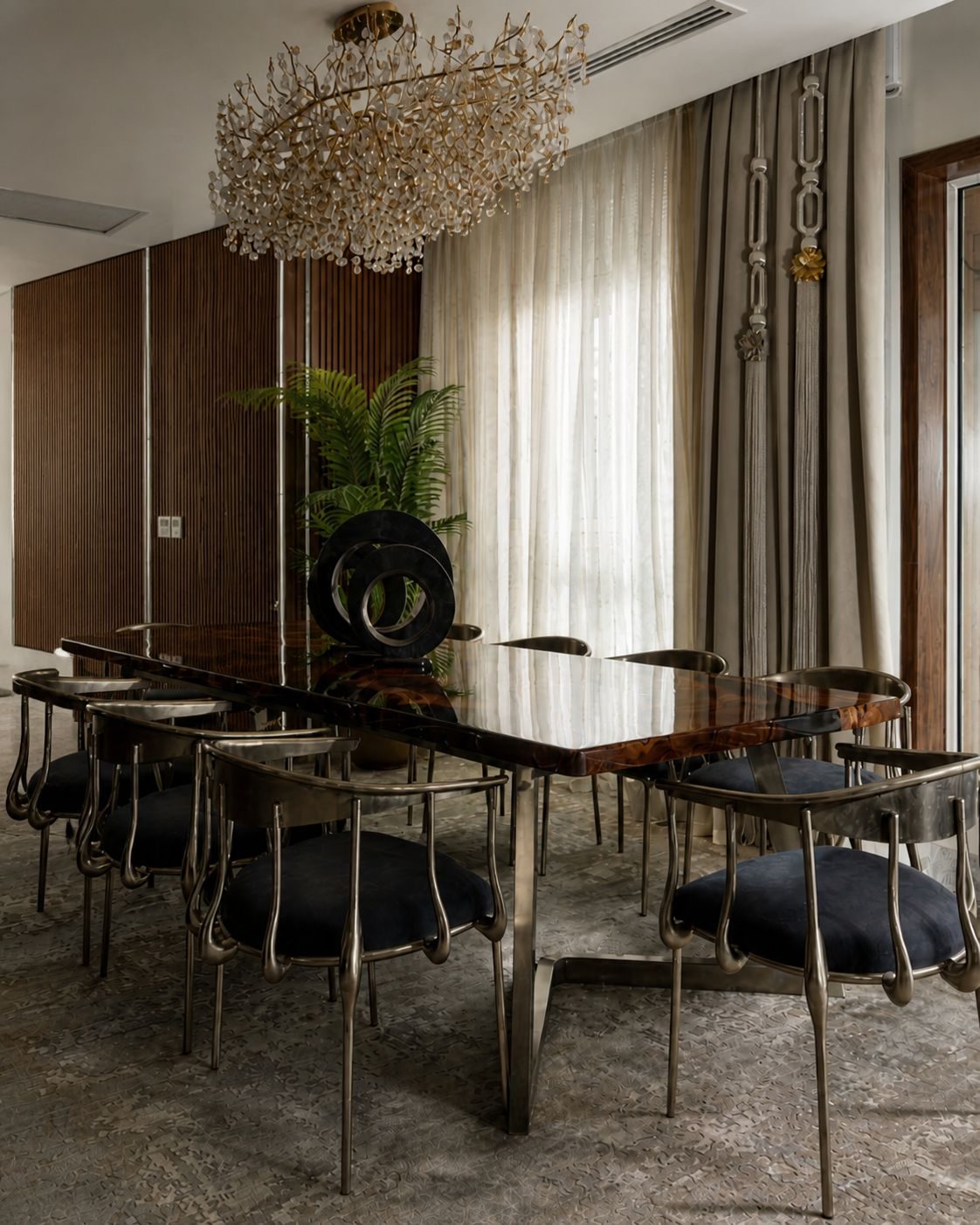 Formal dining: A lacquered table under a crystal canopy, with sheers to soften the glass.
