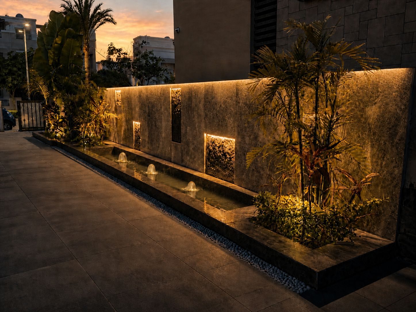 Garden wall at dusk: A water channel and lit stone along the boundary, so the garden still works after dark.